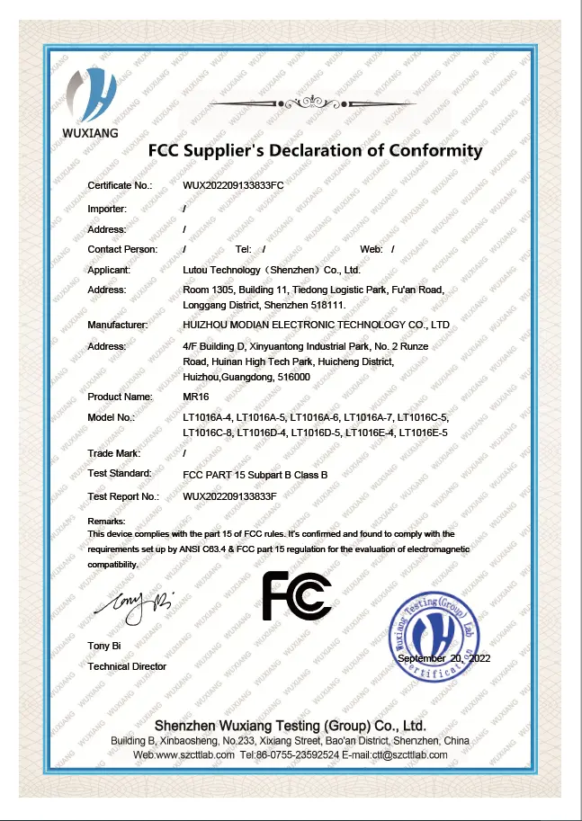 fcc low voltage certificate of  mr16 lt tech