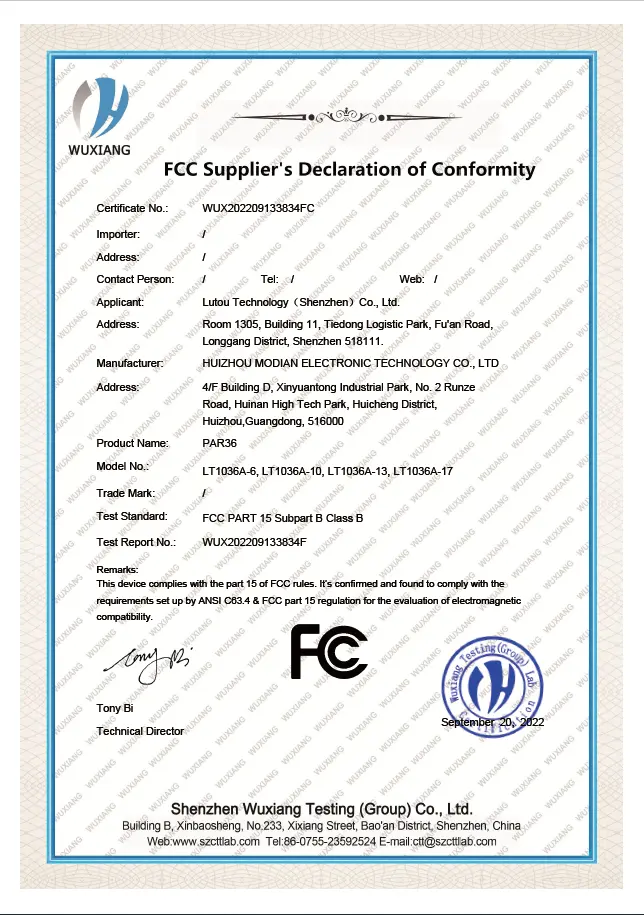 fcc low voltage certificate of  par36  lt tech